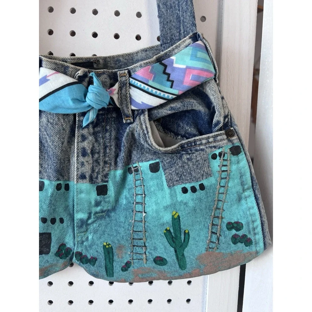 VTG Lee Denim Jeans Shoulder Bag Purse Handpainted Southwestern 90s Belted - Picture 4 of 11